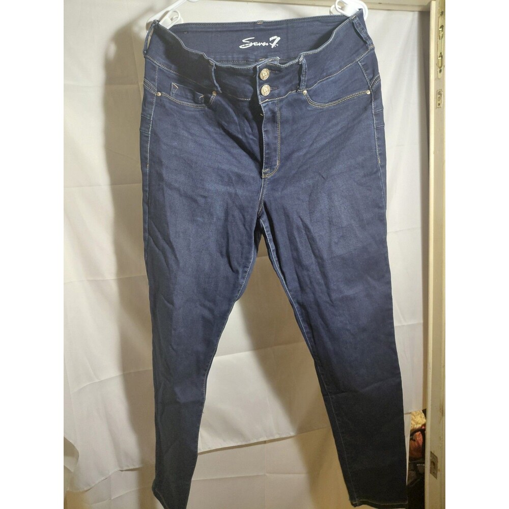 Seven7 Women's Skinny Stretchy Denim Size 16 Dark Wash Blue Jeans Brown Stitches